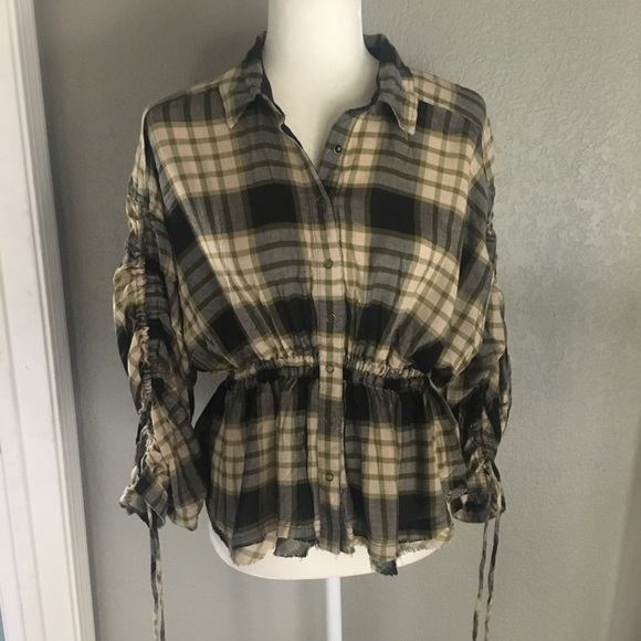 free people pacific dawn plaid green black button up top cinched peplum NWT - Picture 2 of 7